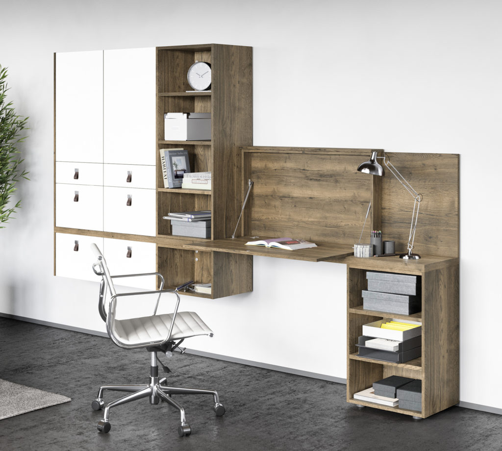 Estudio a medida de acabados madera y blanco, con tirador de piel